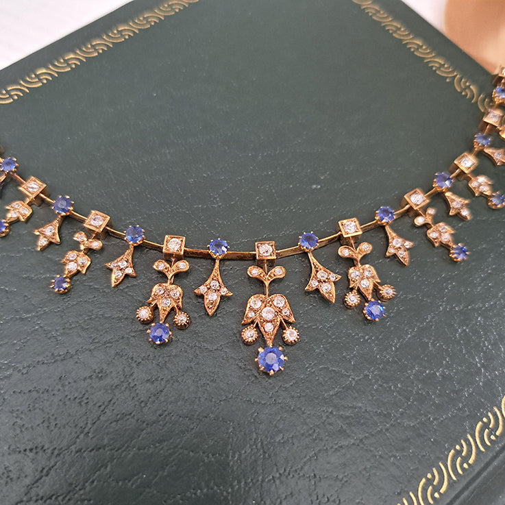 Edwardian Antique Sapphire and Old Cut Diamond Fringe Necklace in Yellow Gold