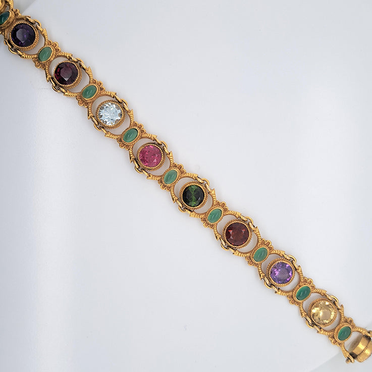 Edwardian Antique Multi Gemstone and Yellow Gold Bracelet, with amethyst, garnet, peridot, aquamarine, tourmaline, citrine and emeralds