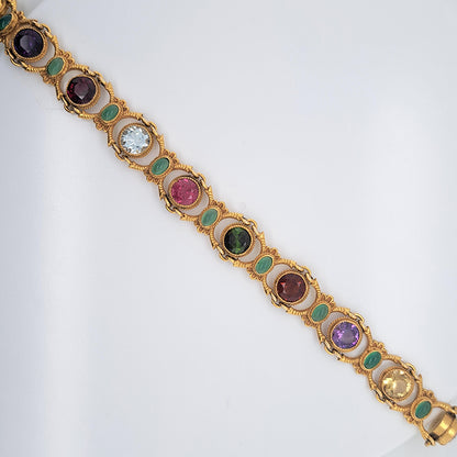 Edwardian Antique Multi Gemstone and Yellow Gold Bracelet, with amethyst, garnet, peridot, aquamarine, tourmaline, citrine and emeralds