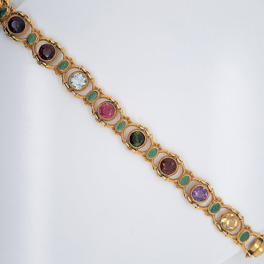 Edwardian Antique Multi Gemstone and Yellow Gold Bracelet, with amethyst, garnet, peridot, aquamarine, tourmaline, citrine and emeralds