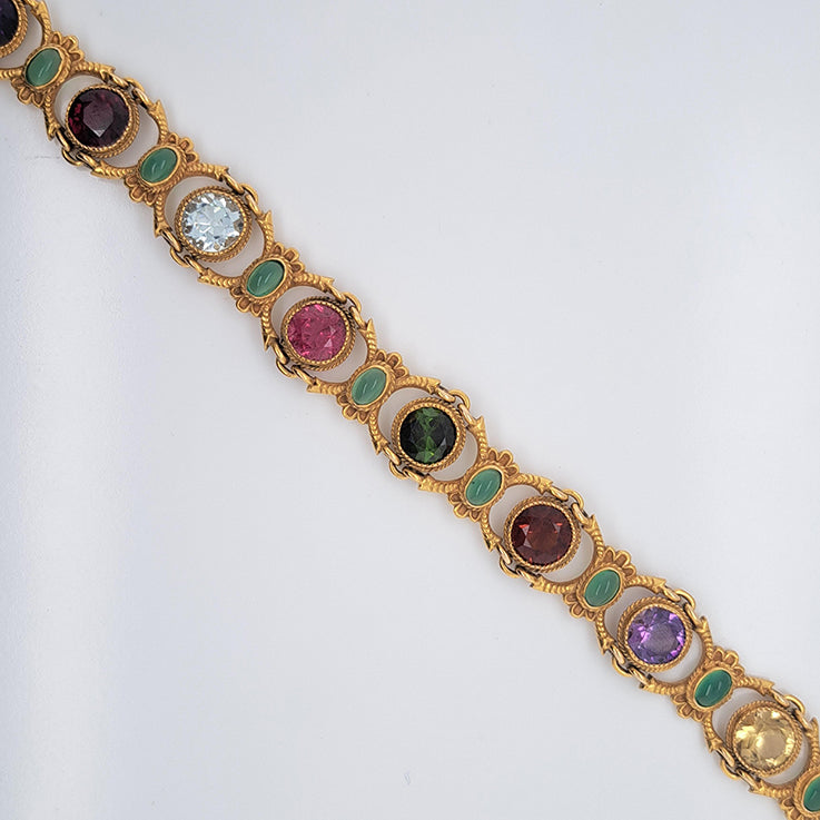 Edwardian Antique Multi Gemstone and Yellow Gold Bracelet, with amethyst, garnet, peridot, aquamarine, tourmaline, citrine and emeralds