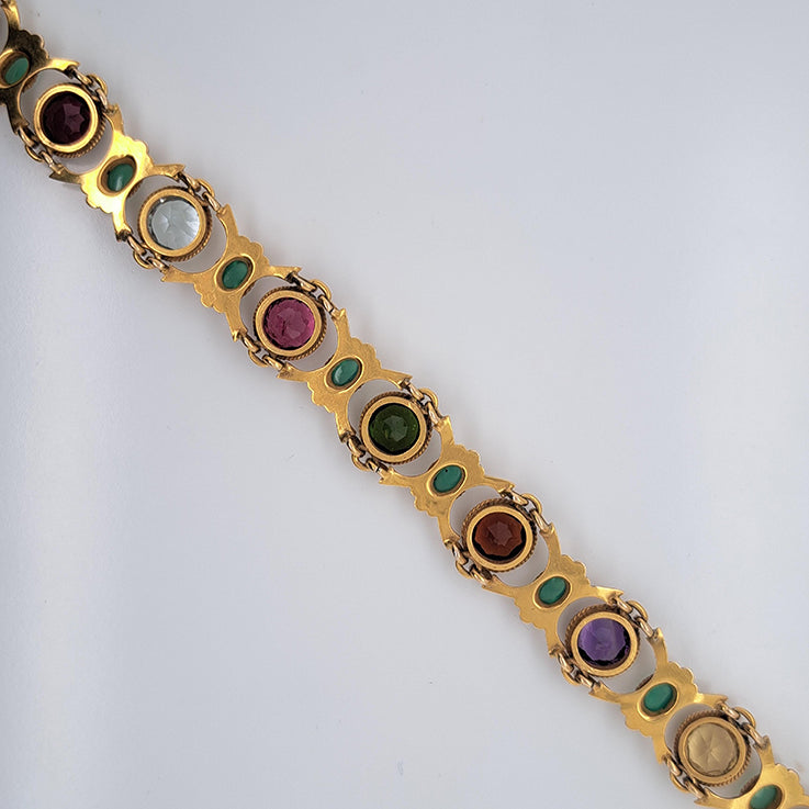 Edwardian Antique Multi Gemstone and Yellow Gold Bracelet, with amethyst, garnet, peridot, aquamarine, tourmaline, citrine and emeralds