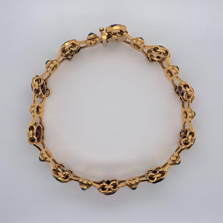 Edwardian Antique Multi Gemstone and Yellow Gold Bracelet, with amethyst, garnet, peridot, aquamarine, tourmaline, citrine and emeralds