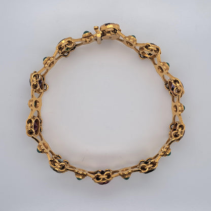 Edwardian Antique Multi Gemstone and Yellow Gold Bracelet, with amethyst, garnet, peridot, aquamarine, tourmaline, citrine and emeralds