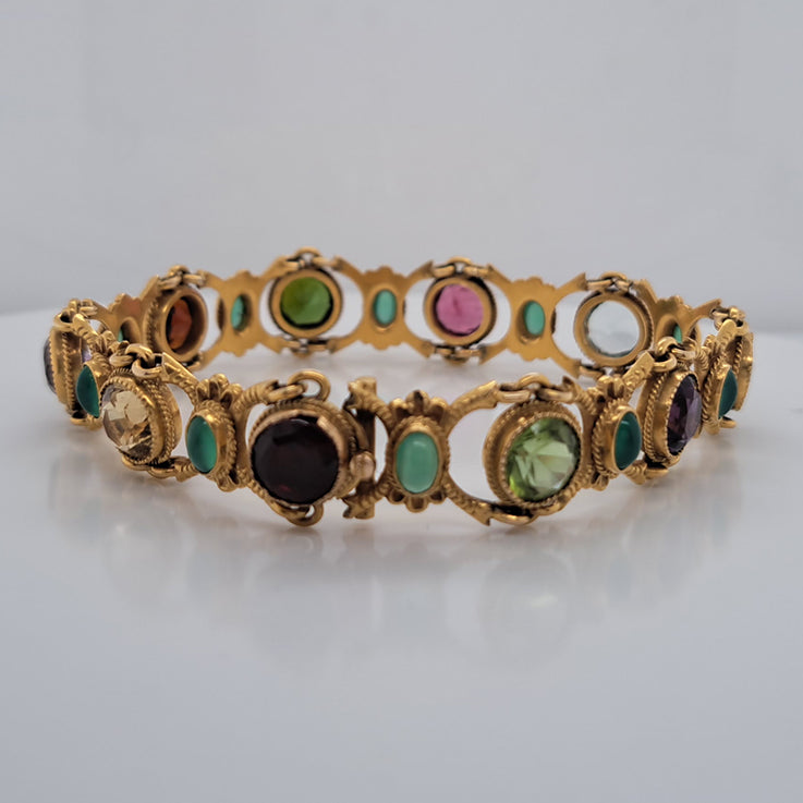 Edwardian Antique Multi Gemstone and Yellow Gold Bracelet, with amethyst, garnet, peridot, aquamarine, tourmaline, citrine and emeralds