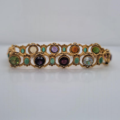 Edwardian Antique Multi Gemstone and Yellow Gold Bracelet, with amethyst, garnet, peridot, aquamarine, tourmaline, citrine and emeralds