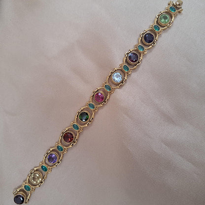 Edwardian Antique Multi Gemstone and Yellow Gold Bracelet, with amethyst, garnet, peridot, aquamarine, tourmaline, citrine and emeralds