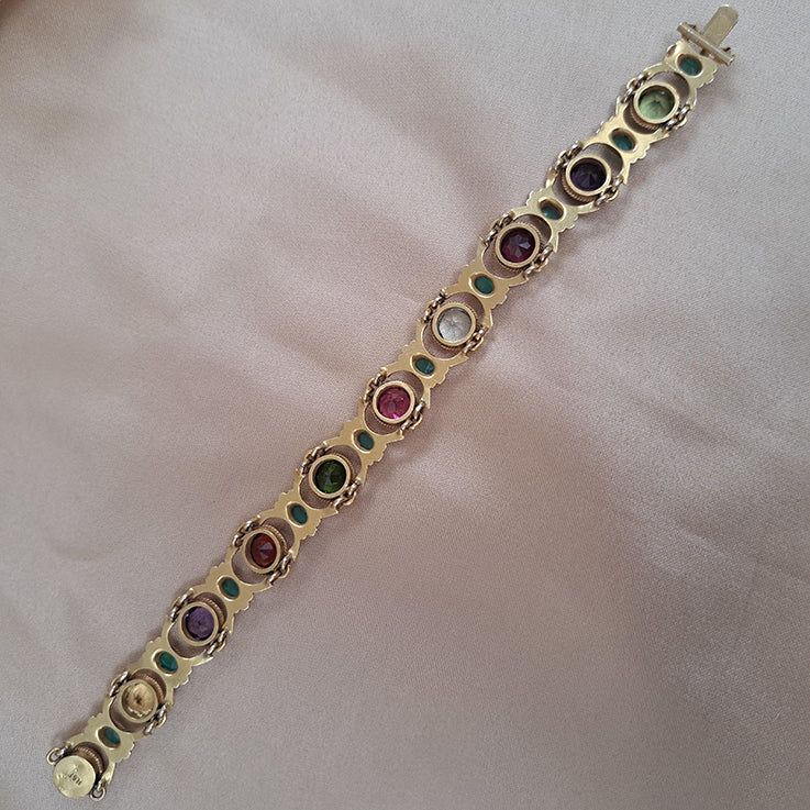 Edwardian Antique Multi Gemstone and Yellow Gold Bracelet, with amethyst, garnet, peridot, aquamarine, tourmaline, citrine and emeralds