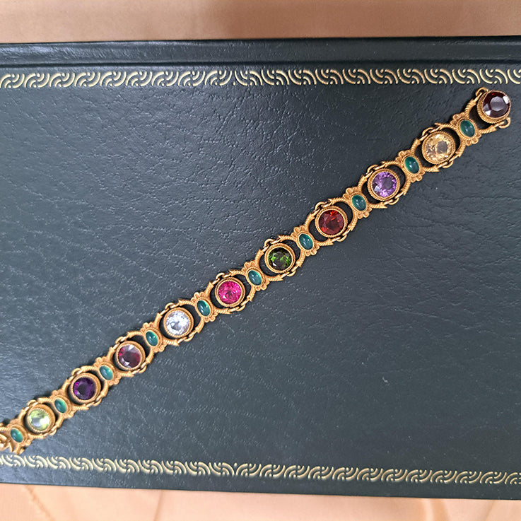 Edwardian Antique Multi Gemstone and Yellow Gold Bracelet, with amethyst, garnet, peridot, aquamarine, tourmaline, citrine and emeralds