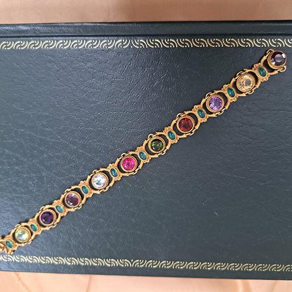 Edwardian Antique Multi Gemstone and Yellow Gold Bracelet, with amethyst, garnet, peridot, aquamarine, tourmaline, citrine and emeralds