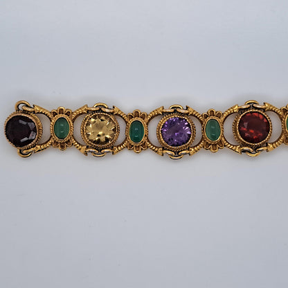 Edwardian Antique Multi Gemstone and Yellow Gold Bracelet, with amethyst, garnet, peridot, aquamarine, tourmaline, citrine and emeralds