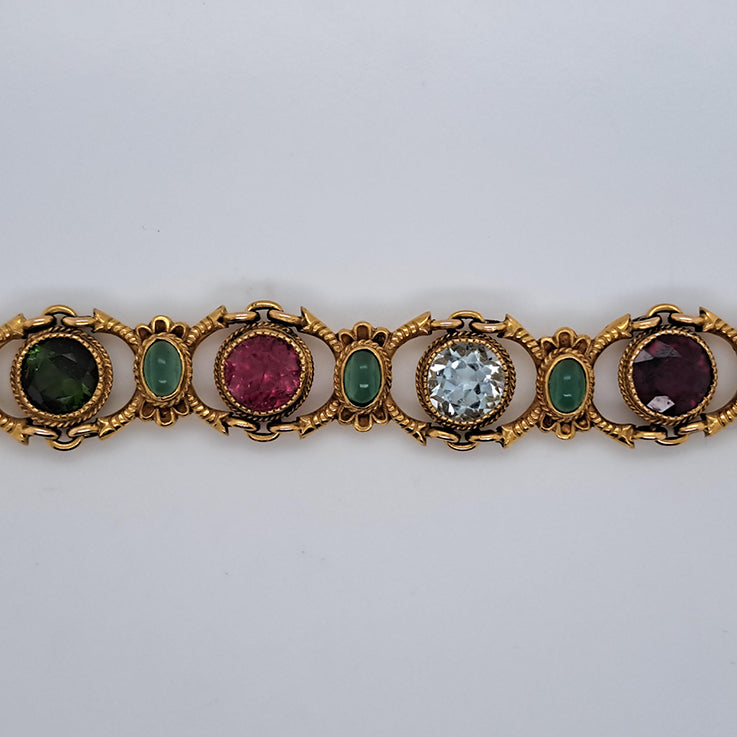 Edwardian Antique Multi Gemstone and Yellow Gold Bracelet, with amethyst, garnet, peridot, aquamarine, tourmaline, citrine and emeralds