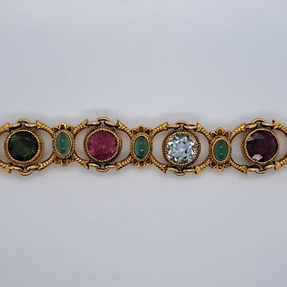 Edwardian Antique Multi Gemstone and Yellow Gold Bracelet, with amethyst, garnet, peridot, aquamarine, tourmaline, citrine and emeralds