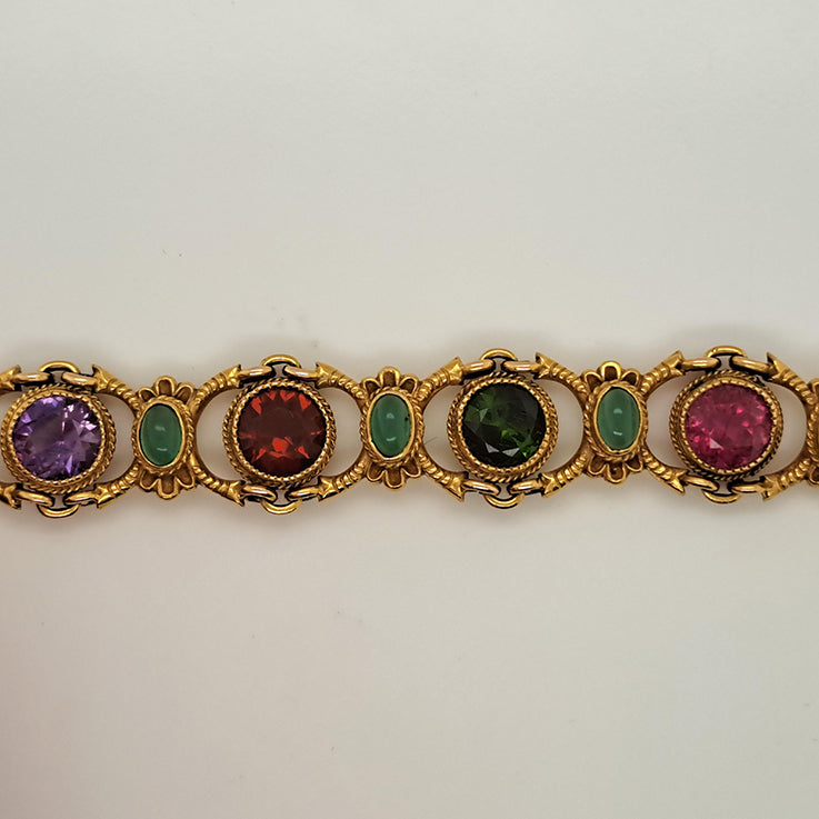 Edwardian Antique Multi Gemstone and Yellow Gold Bracelet, with amethyst, garnet, peridot, aquamarine, tourmaline, citrine and emeralds