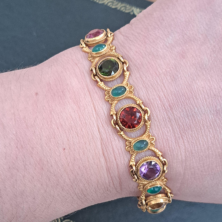 Edwardian Antique Multi Gemstone and Yellow Gold Bracelet, with amethyst, garnet, peridot, aquamarine, tourmaline, citrine and emeralds