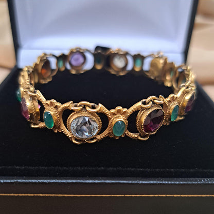 Edwardian Antique Multi Gemstone and Yellow Gold Bracelet, with amethyst, garnet, peridot, aquamarine, tourmaline, citrine and emeralds
