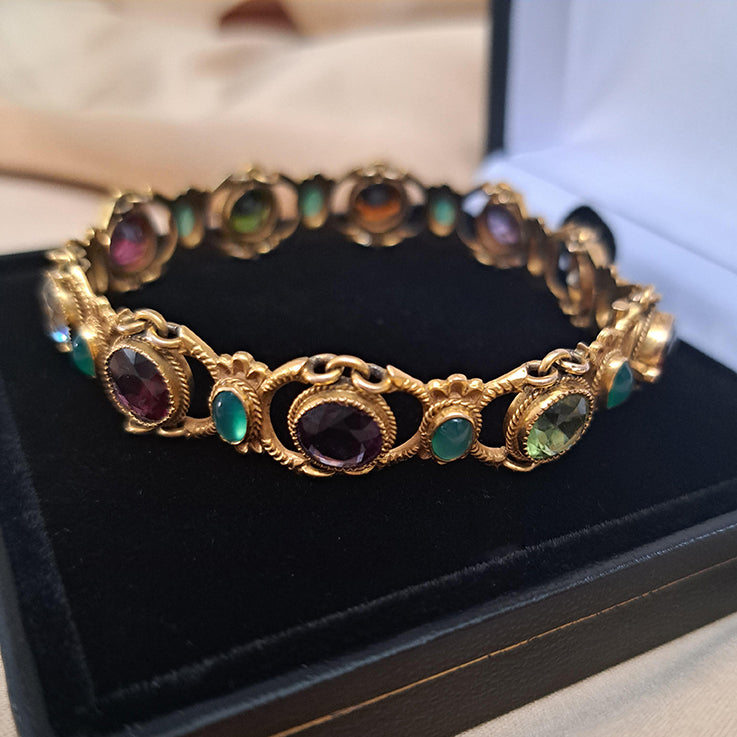 Edwardian Antique Multi Gemstone and Yellow Gold Bracelet, with amethyst, garnet, peridot, aquamarine, tourmaline, citrine and emeralds