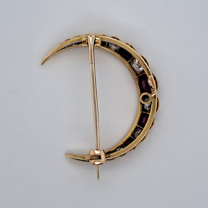 Victorian Antique Cushion Cut Ruby and Old Mine Cut Diamond Crescent Moon Brooch