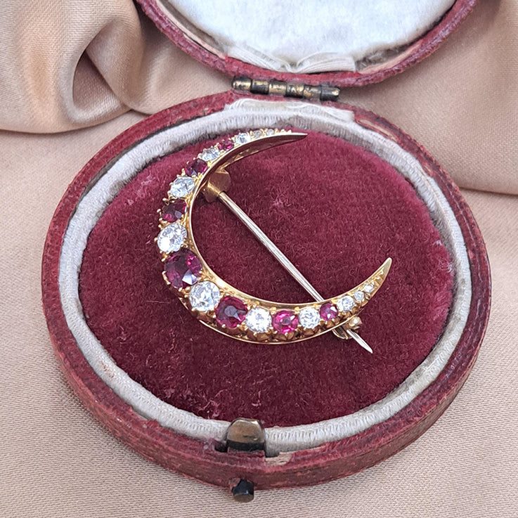 Victorian Antique Cushion Cut Ruby and Old Mine Cut Diamond Crescent Moon Brooch