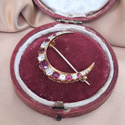 Victorian Antique Cushion Cut Ruby and Old Mine Cut Diamond Crescent Moon Brooch