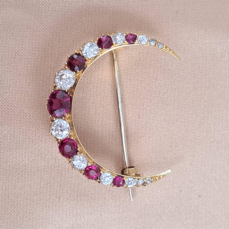 Victorian Antique Cushion Cut Ruby and Old Mine Cut Diamond Crescent Moon Brooch