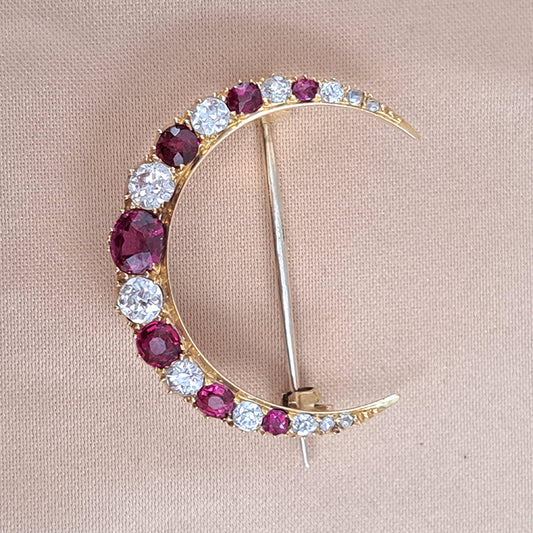 Victorian Antique Cushion Cut Ruby and Old Mine Cut Diamond Crescent Moon Brooch