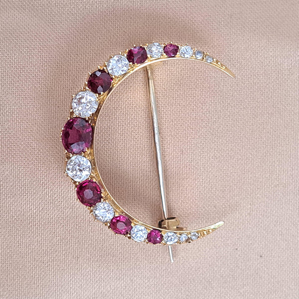 Victorian Antique Cushion Cut Ruby and Old Mine Cut Diamond Crescent Moon Brooch