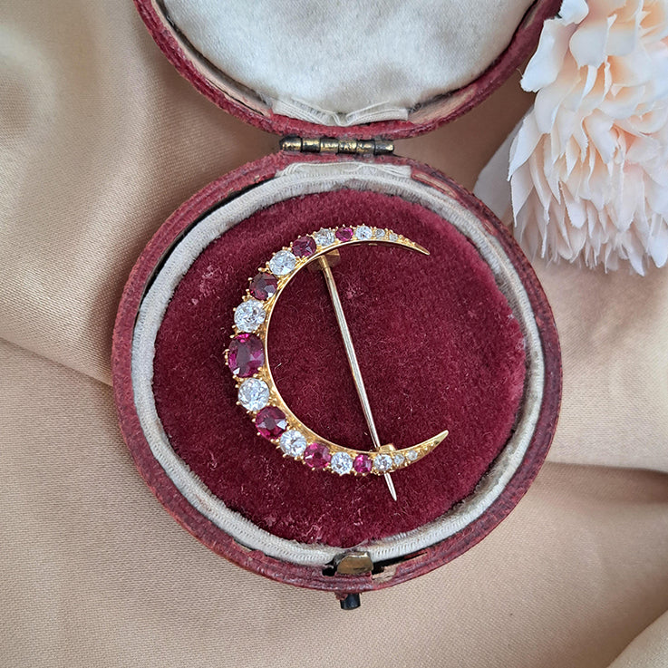 Victorian Antique Cushion Cut Ruby and Old Mine Cut Diamond Crescent Moon Brooch