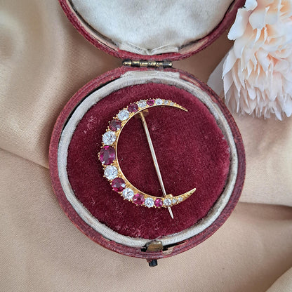 Victorian Antique Cushion Cut Ruby and Old Mine Cut Diamond Crescent Moon Brooch