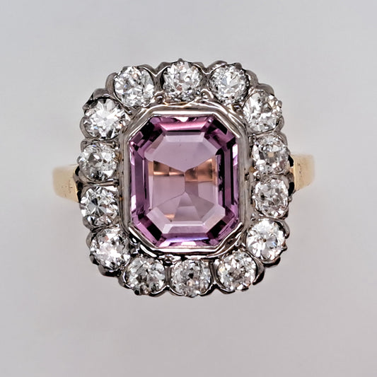 Vintage 3ct Natural Pink Spinel and Old Cut Diamond Cluster Engagement Ring