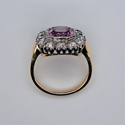 Vintage 3ct Natural Pink Spinel and Old Cut Diamond Cluster Engagement Ring