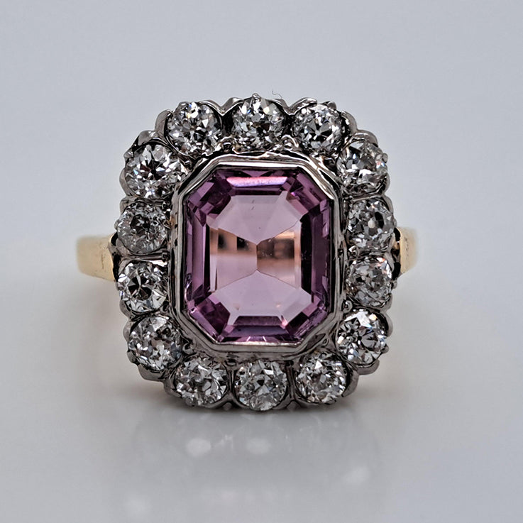 Vintage 3ct Natural Pink Spinel and Old Cut Diamond Cluster Engagement Ring