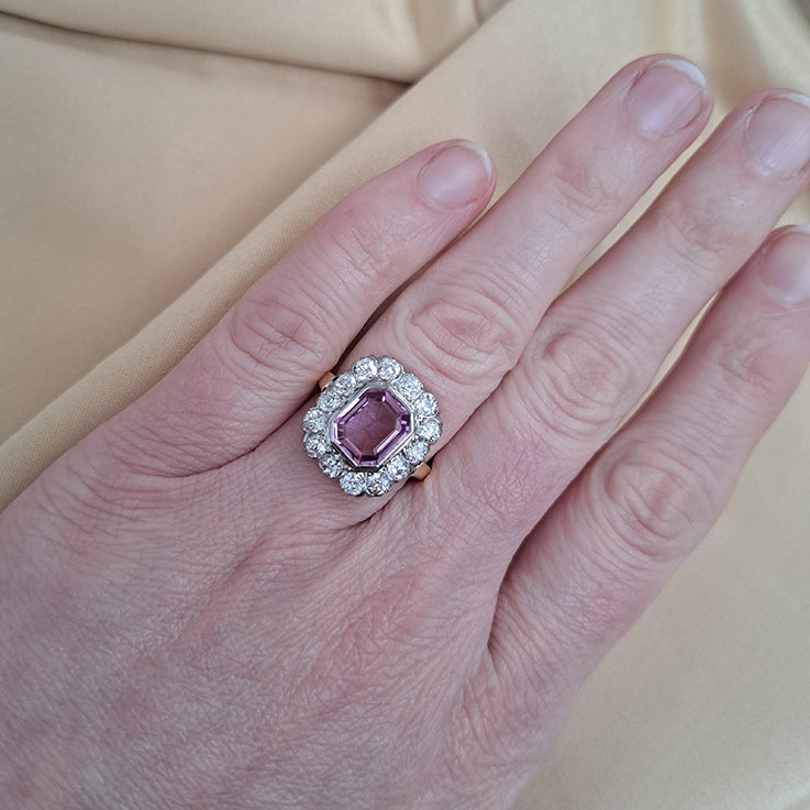 Vintage 3ct Natural Pink Spinel and Old Cut Diamond Cluster Engagement Ring