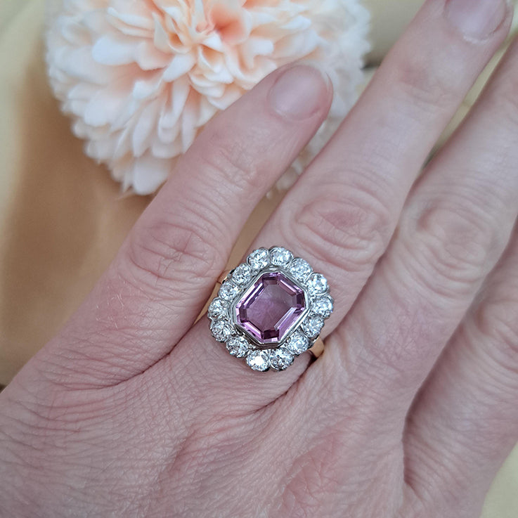 Vintage 3ct Natural Pink Spinel and Old Cut Diamond Cluster Engagement Ring
