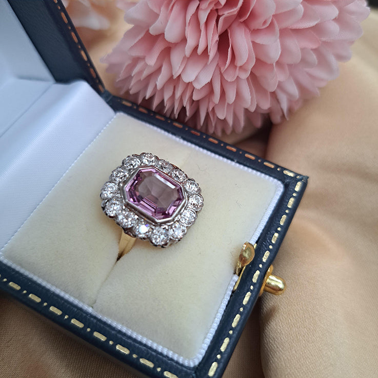 Vintage 3ct Natural Pink Spinel and Old Cut Diamond Cluster Engagement Ring