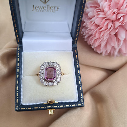 Vintage 3ct Natural Pink Spinel and Old Cut Diamond Cluster Engagement Ring