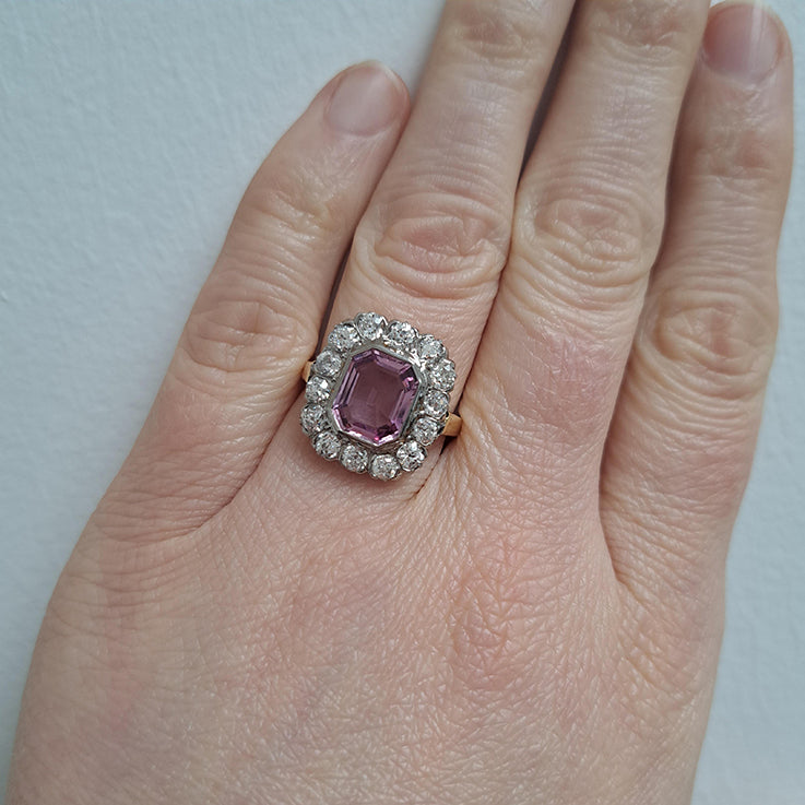 Vintage 3ct Natural Pink Spinel and Old Cut Diamond Cluster Engagement Ring