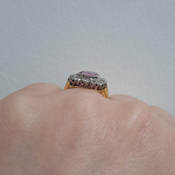 Vintage 3ct Natural Pink Spinel and Old Cut Diamond Cluster Engagement Ring