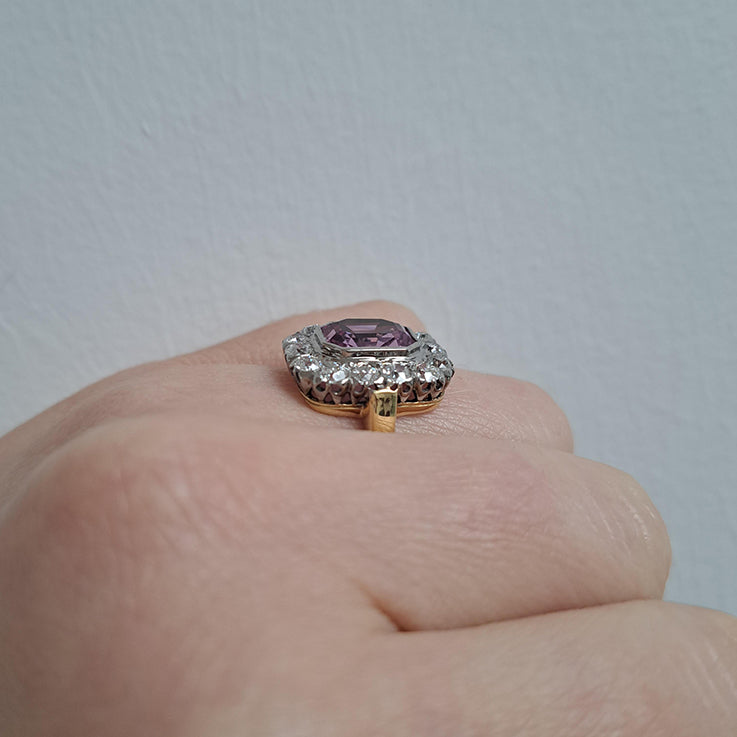 Vintage 3ct Natural Pink Spinel and Old Cut Diamond Cluster Engagement Ring