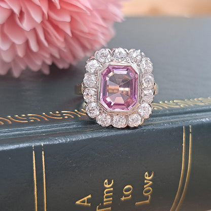 Vintage 3ct Natural Pink Spinel and Old Cut Diamond Cluster Engagement Ring