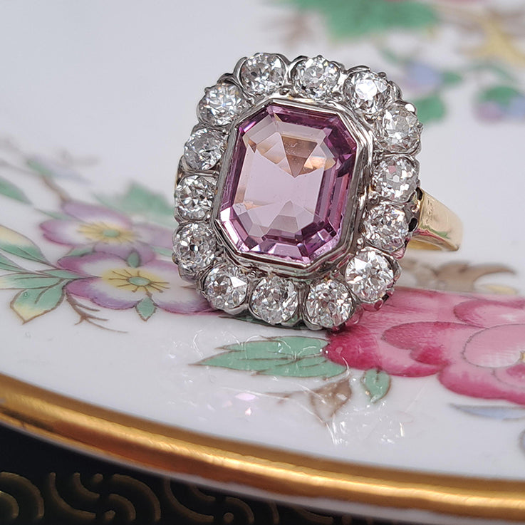 Vintage 3ct Natural Pink Spinel and Old Cut Diamond Cluster Engagement Ring