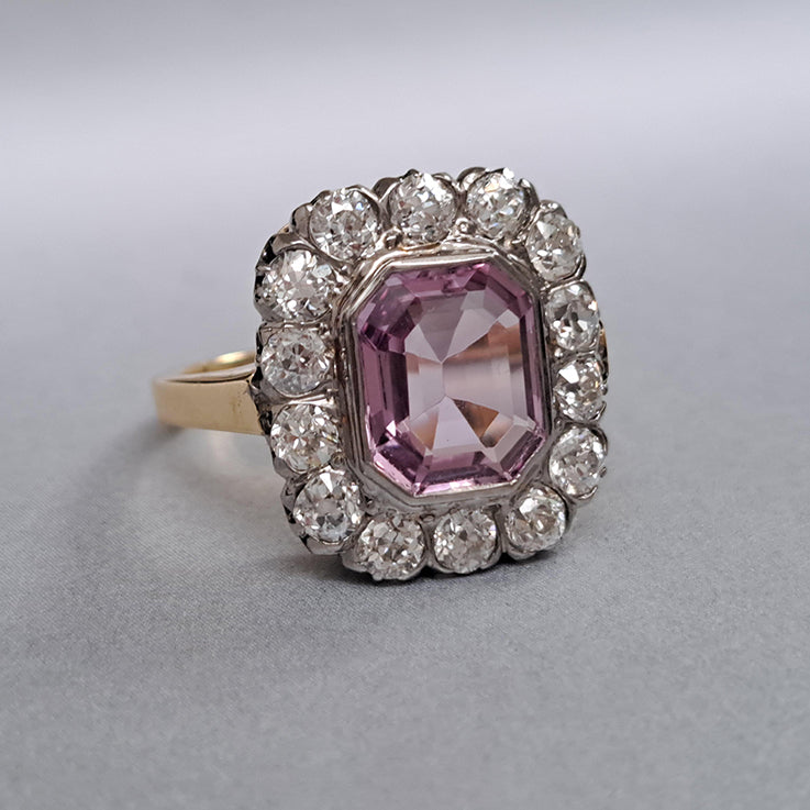 Vintage 3ct Natural Pink Spinel and Old Cut Diamond Cluster Engagement Ring