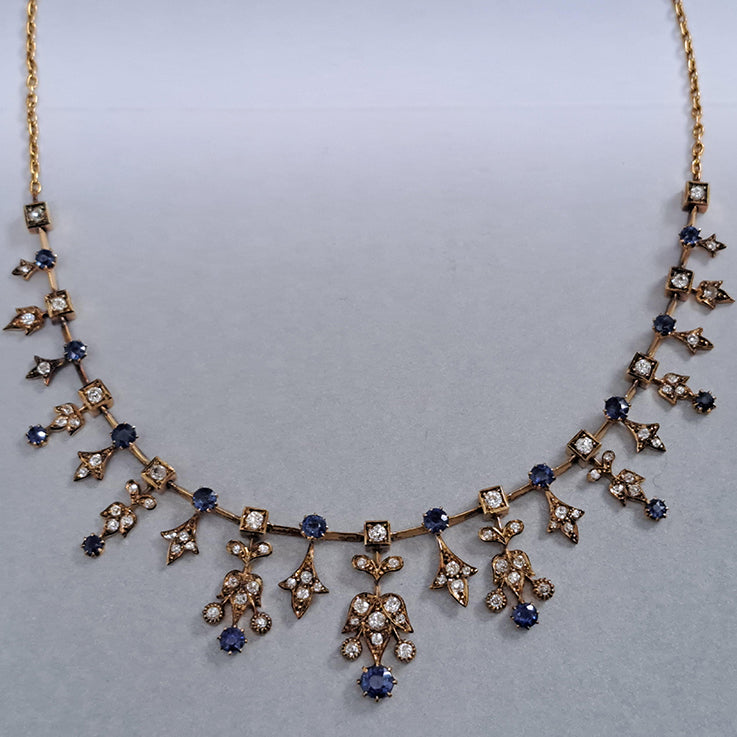 V=Edwardian Antique Sapphire and Old Cut Diamond Fringe Necklace in Yellow Gold