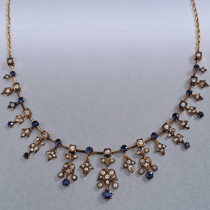 V=Edwardian Antique Sapphire and Old Cut Diamond Fringe Necklace in Yellow Gold