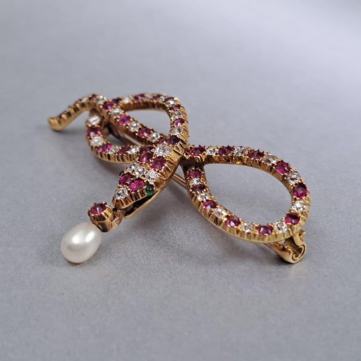 Antique Burma Ruby Diamond and Natural Pearl Snake Brooch