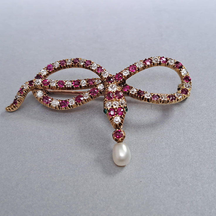 Antique Burma Ruby Diamond and Natural Pearl Snake Brooch