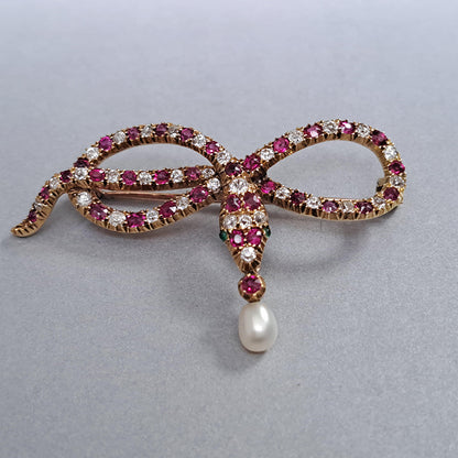 Antique Burma Ruby Diamond and Natural Pearl Snake Brooch