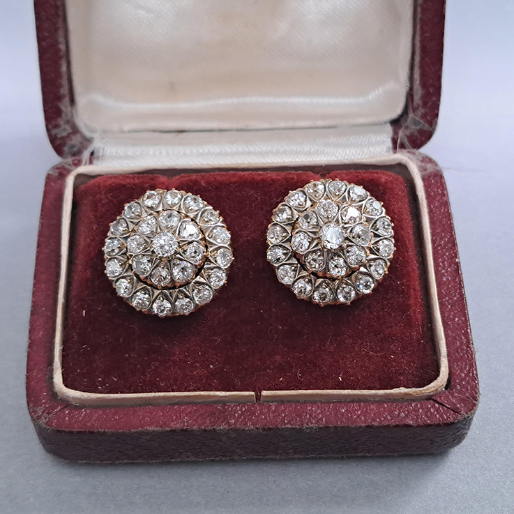 Victorian Antique 2.90ct Old Mine Cut Diamond Coronet Cluster Earrings