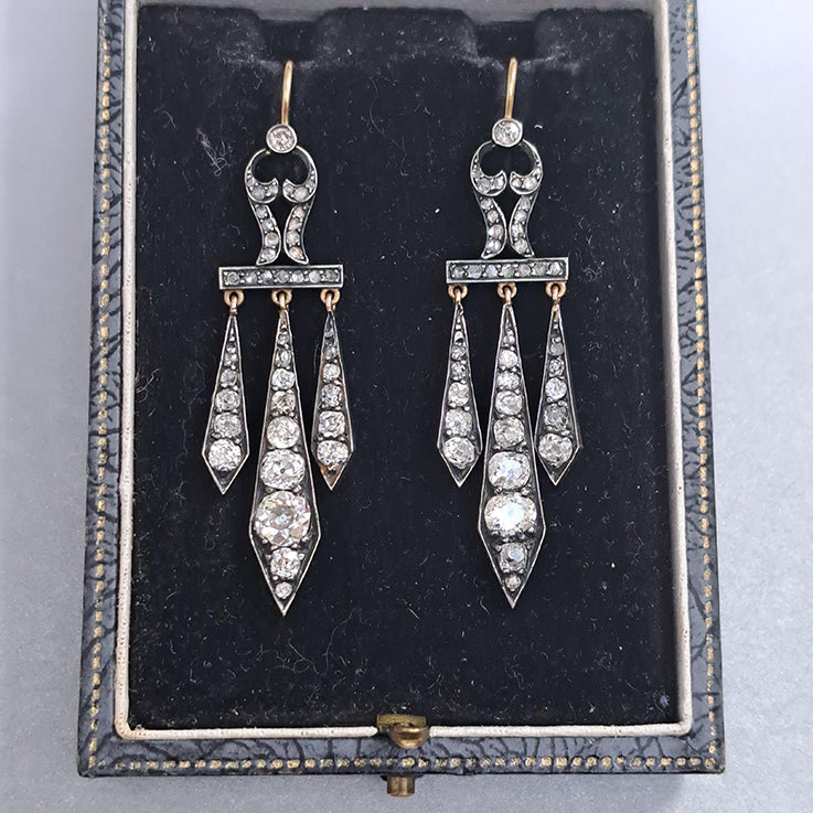 Antique Georgian Regency 2.50ct Old Mine Cut Diamond Drop Chandelier Earrings