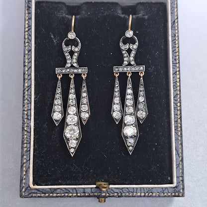 Antique Georgian Regency 2.50ct Old Mine Cut Diamond Drop Chandelier Earrings